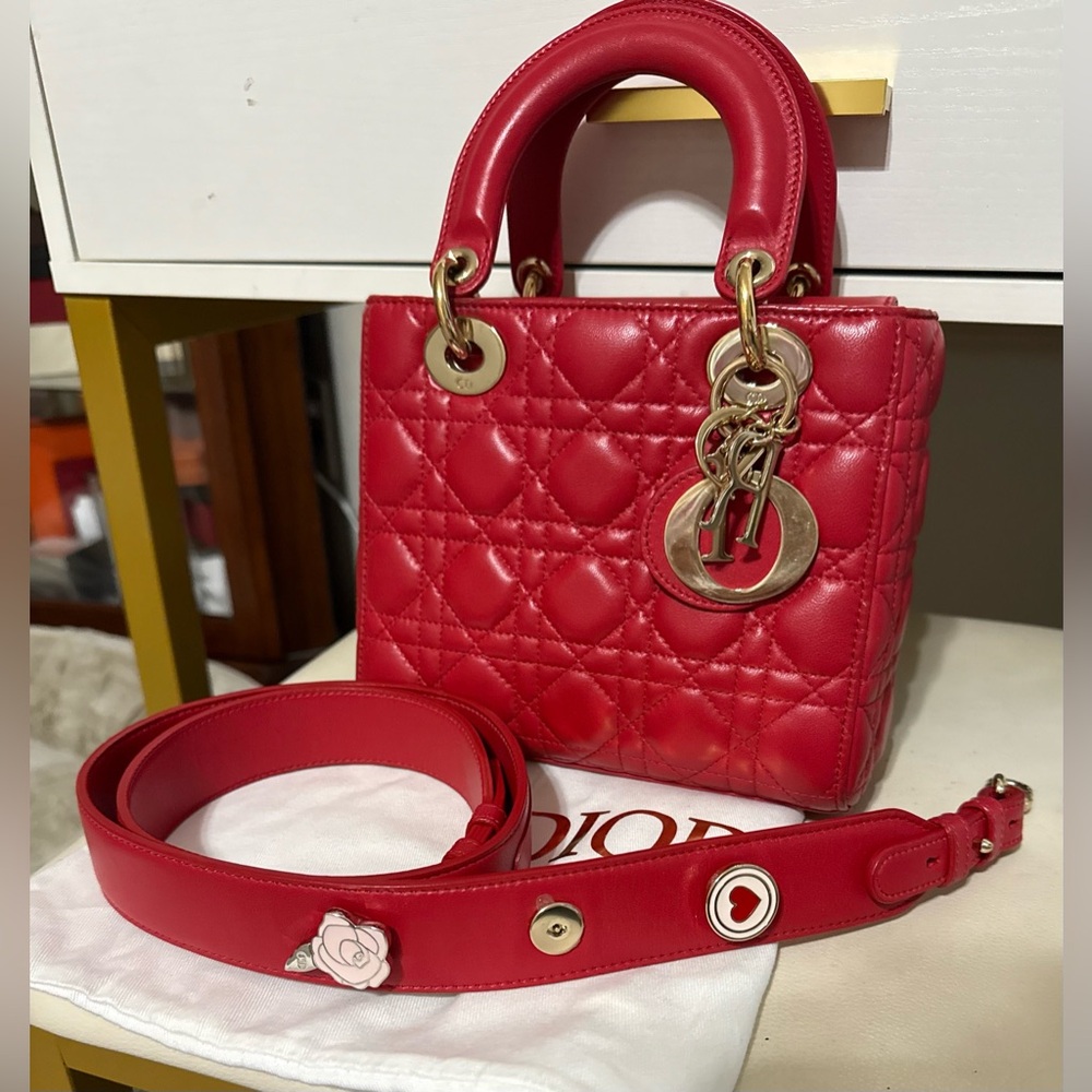 Auth Christian DIOR Lady Dior RED Cannage Leather Handbag Bag Purse Small
